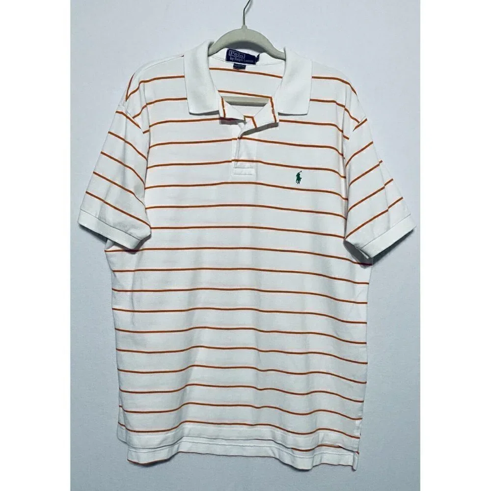 Vintage 90s Polo Ralph Lauren Orange White Striped Polo Shirt Green Pony Golf